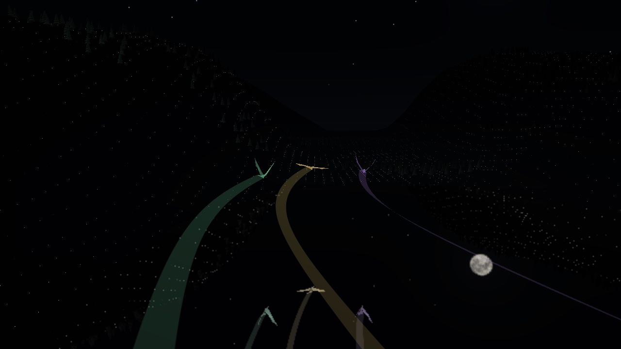 Paper birds flying over a forest lake with the moon reflected in the water